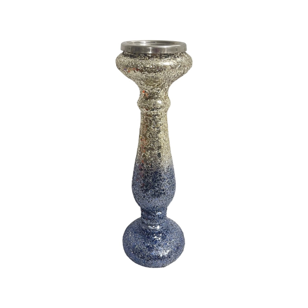 12" SILVER BLUE, CRACKLED  CANDLE HOLDER