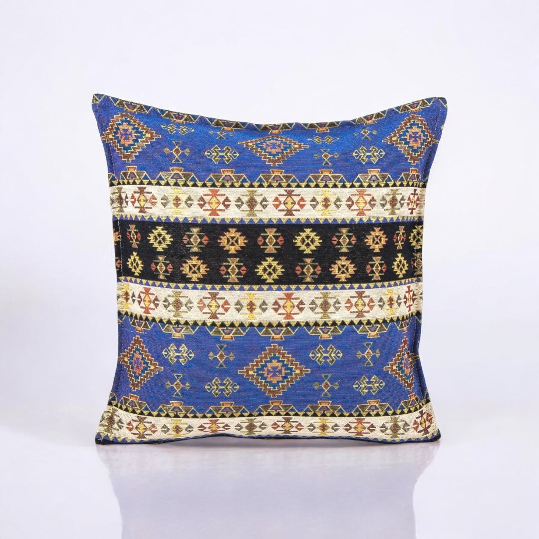 Fabric Pillow Cover, Geometric Design, Blue Accents