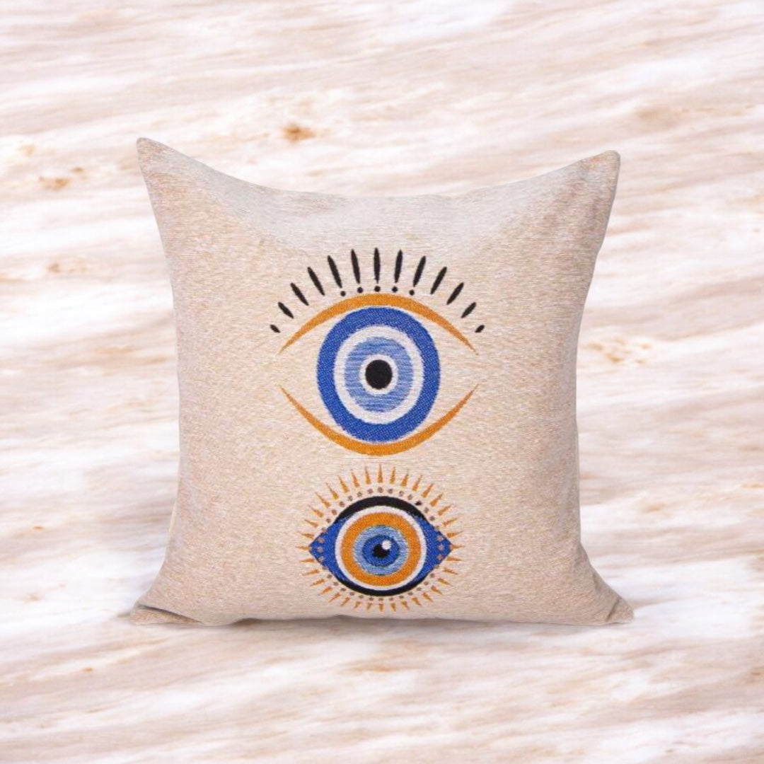 Double Protection Evil Eye Pillow Cover, Blue with Gold and Blue Accents