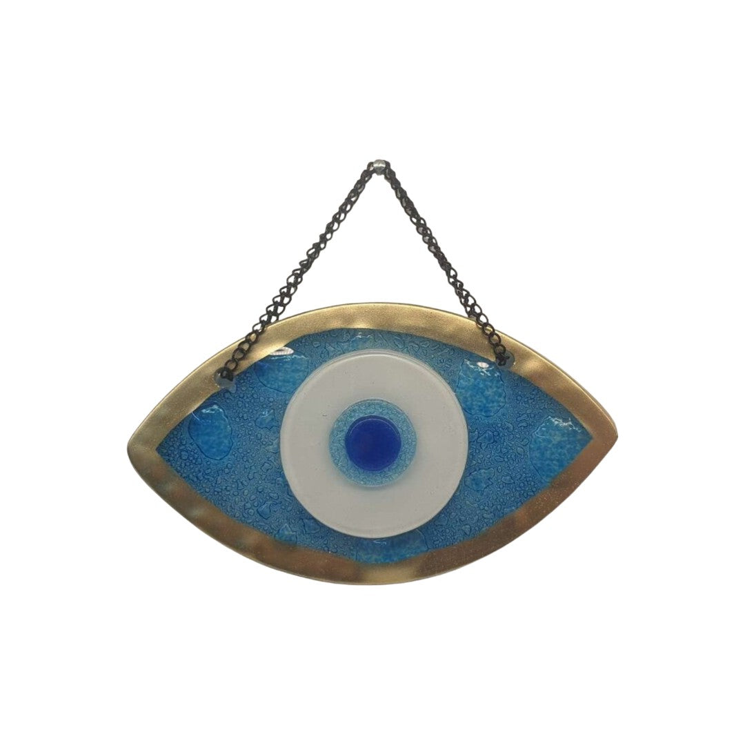 Handmade Fused Glass Wall Hanging with Light Blue and Gold Bubble Glass and Evil Eye Design for Home Decor