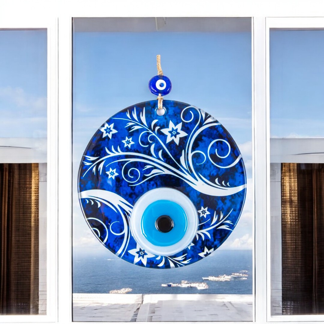 Handmade Blue Glass Evil Eye Wall Hanging with Triple-Layer Design and Swirl Patterns