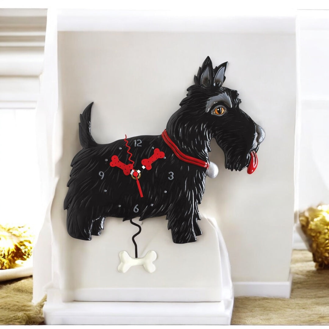 Scottie Clock: Playful Scottish Terrier with Iconic Beard and Brown Eyes