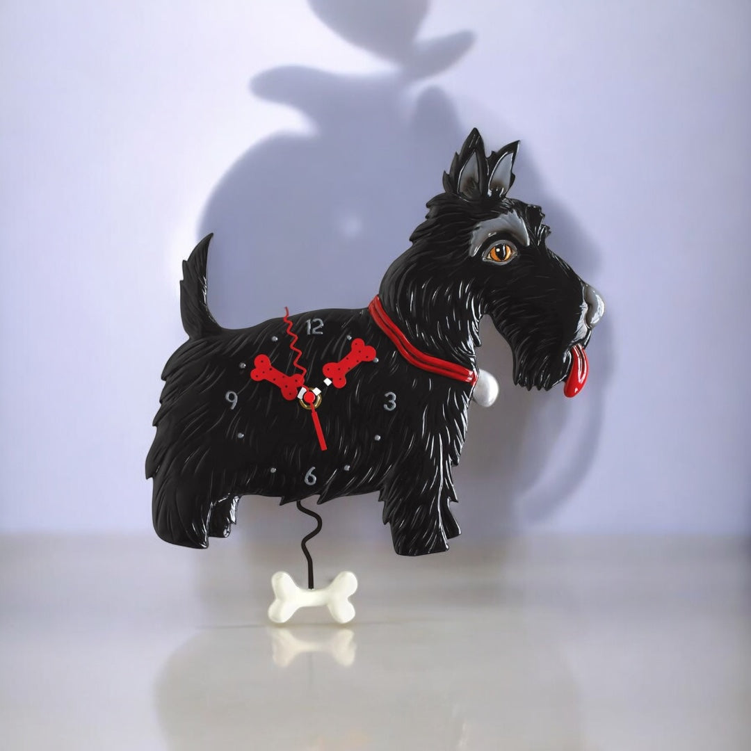 Scottie Clock: Playful Scottish Terrier with Iconic Beard and Brown Eyes