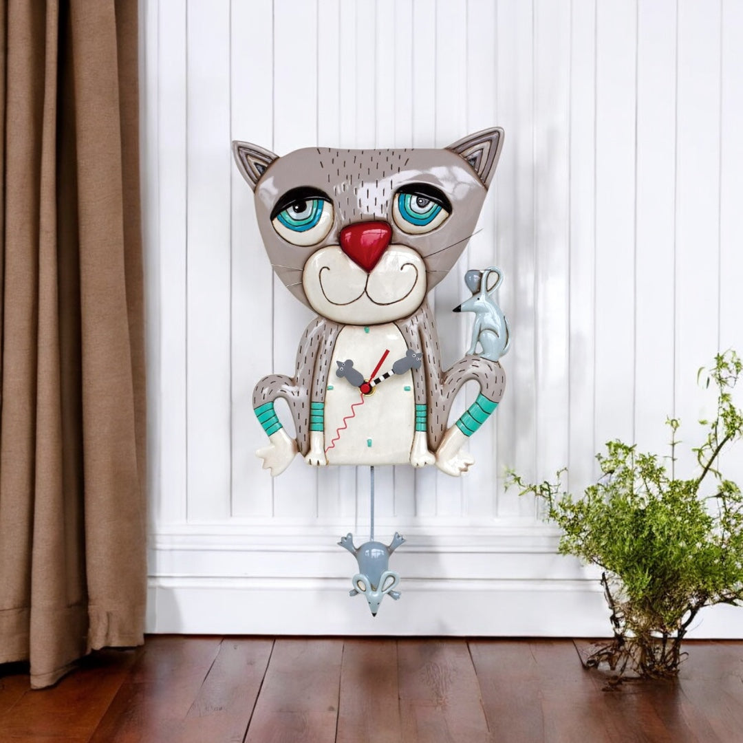 Mouser Cat Clock: Charming Hand-Painted Cat with Mouse Pendulum