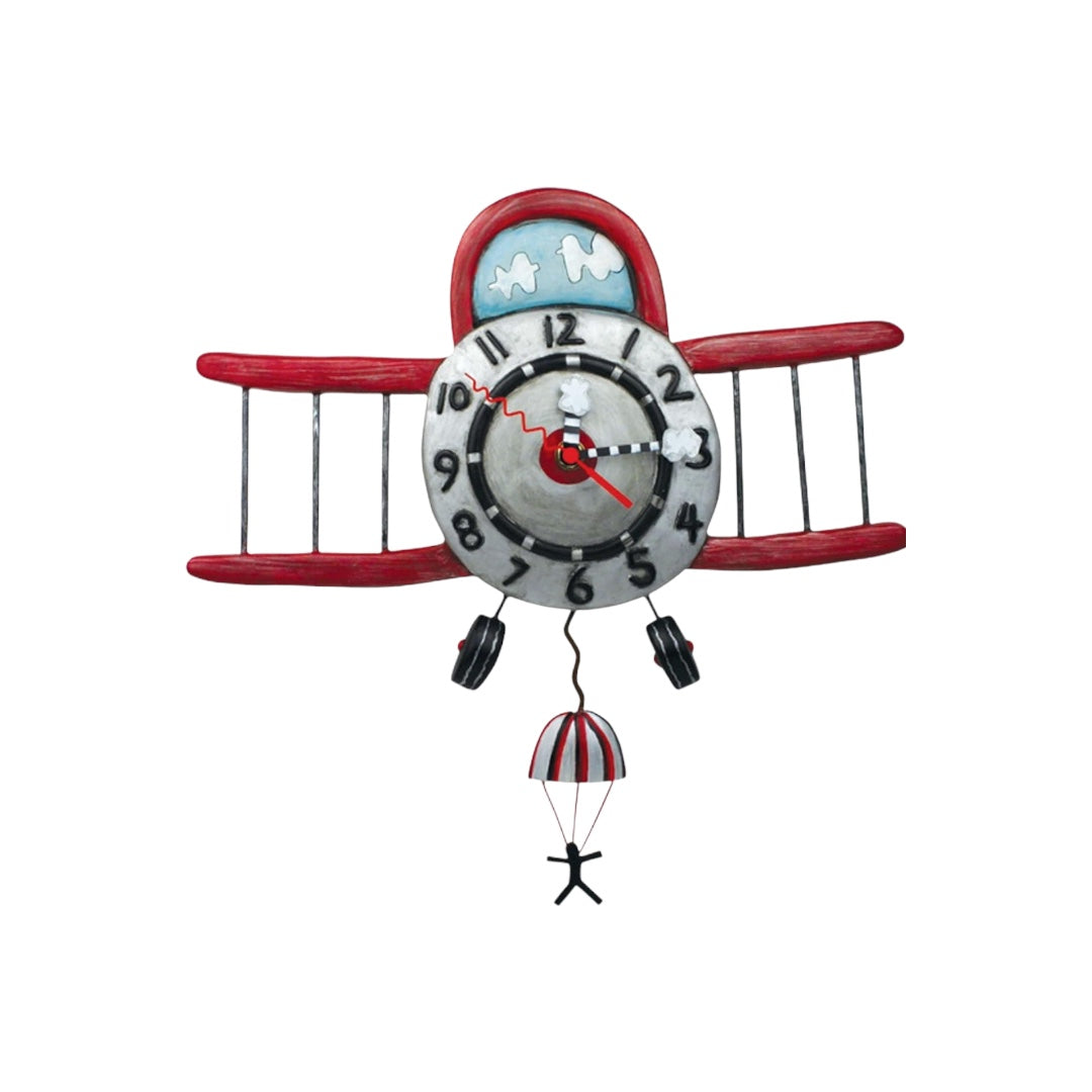 Allen Designs Airplane Jumper Pendulum Clock: Whimsical Antique Red Plane with Parachuting Passenger