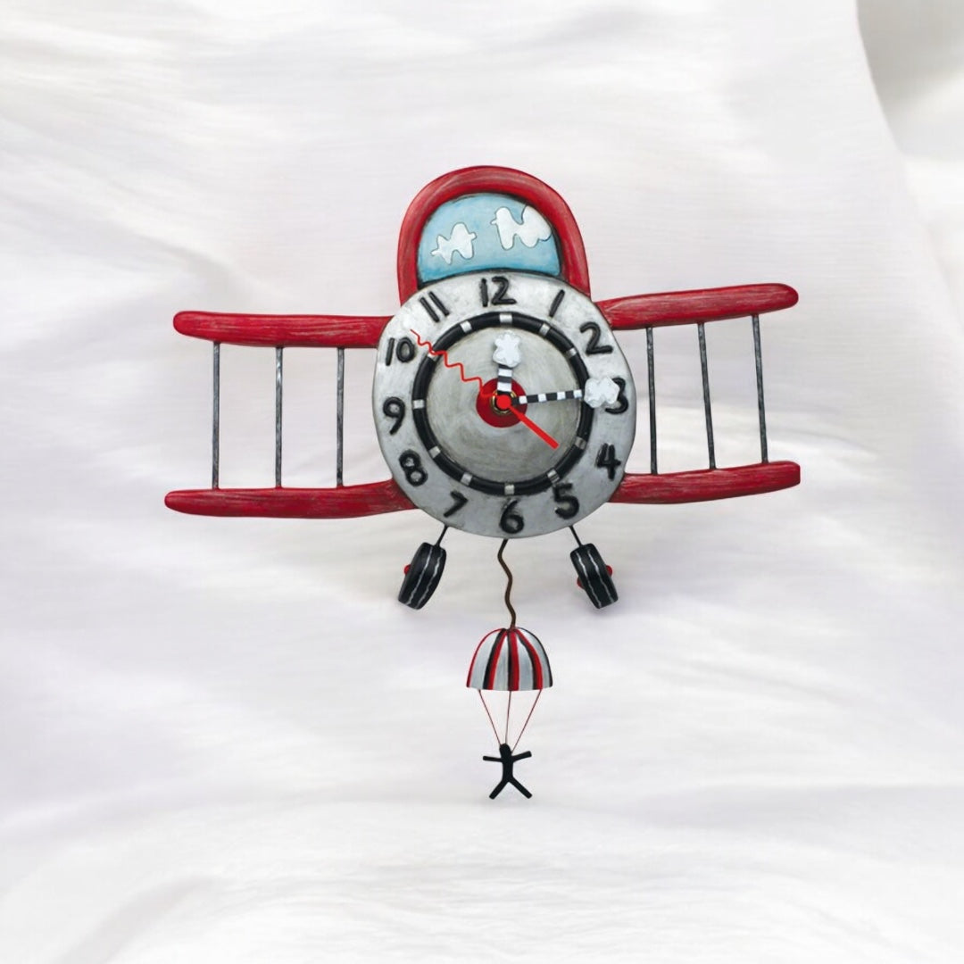 Allen Designs Airplane Jumper Pendulum Clock: Whimsical Antique Red Plane with Parachuting Passenger