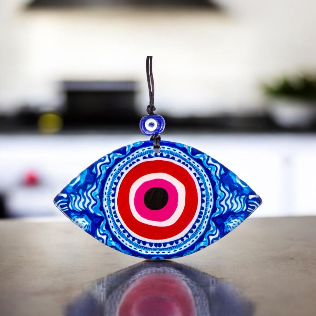 Eye Shaped, Evil Eye Wall Art, Rich Blue, Vibrant Red, Fused Glass Decor, Positive Energy Gift