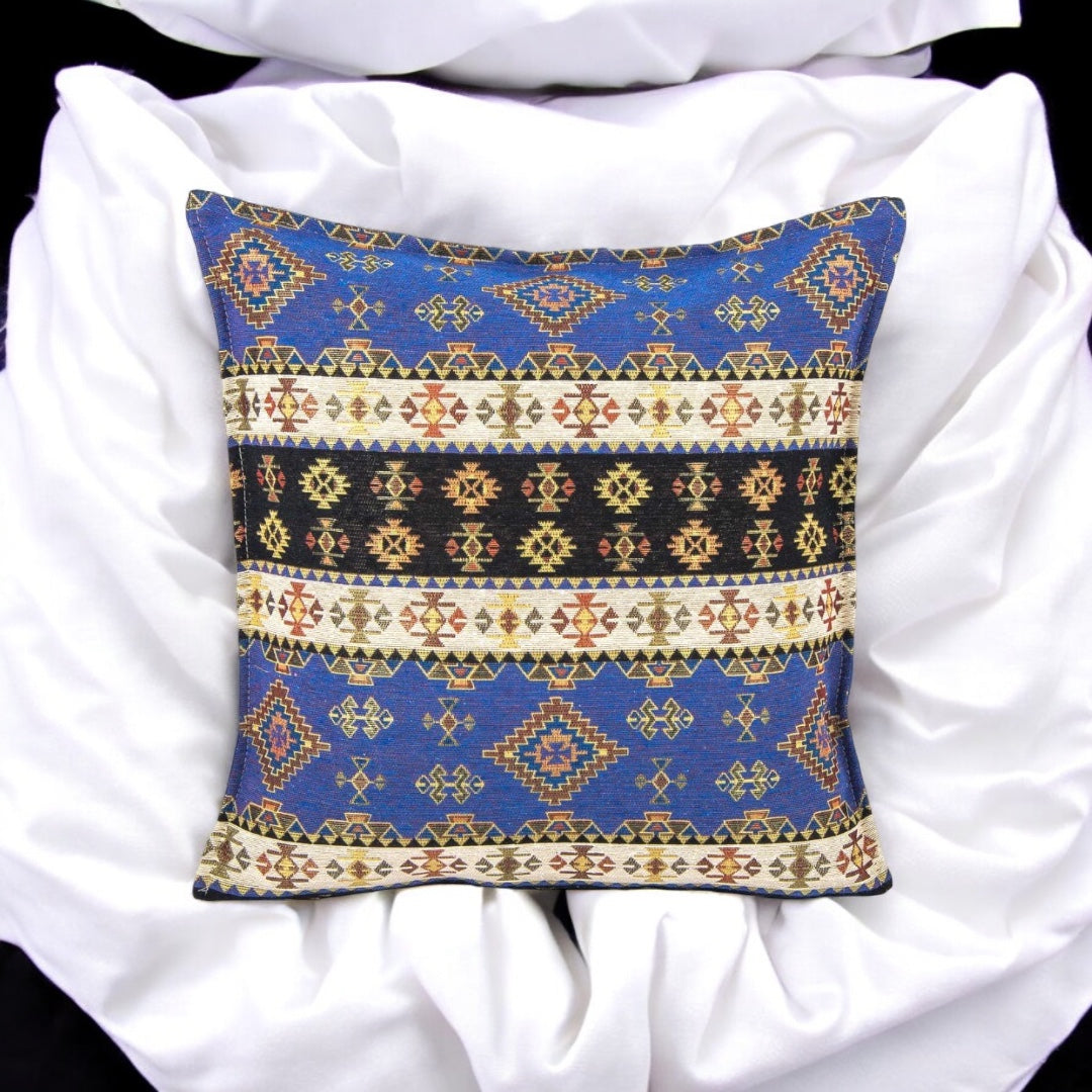Fabric Pillow Cover, Geometric Design, Blue Accents