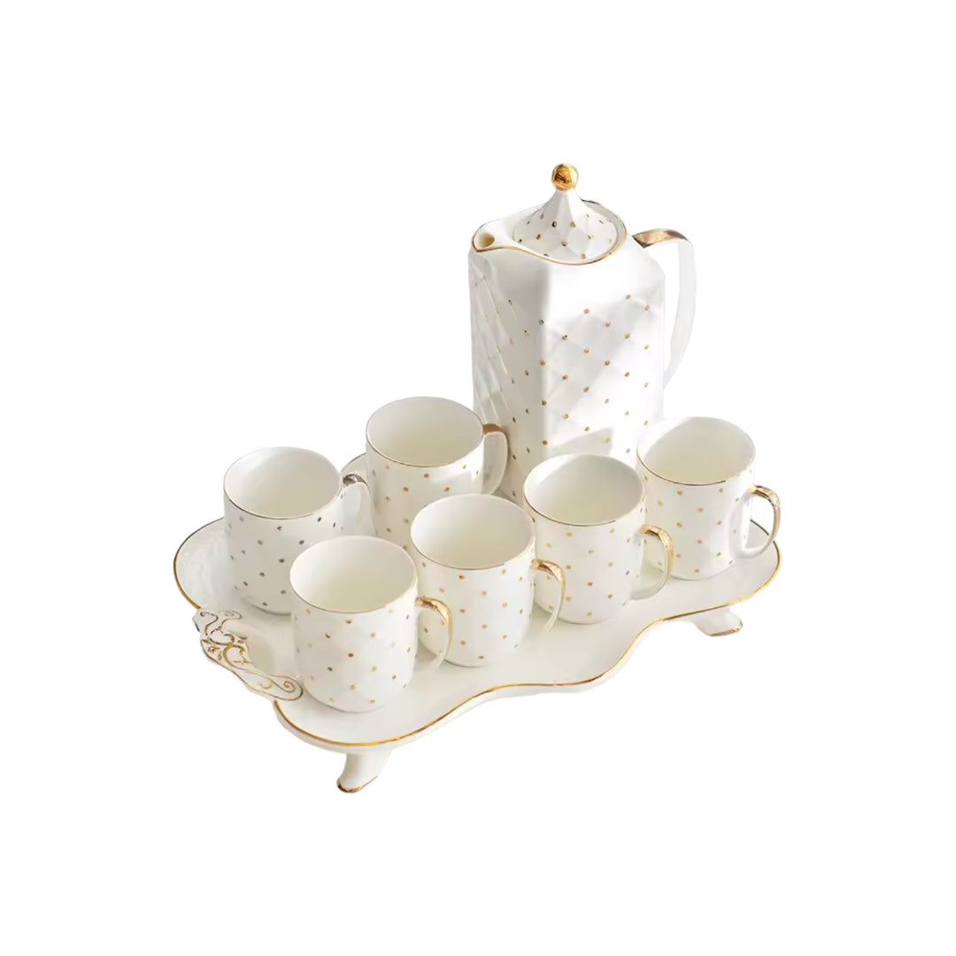 White Ceramic Tea Cup Set with Gold Accents