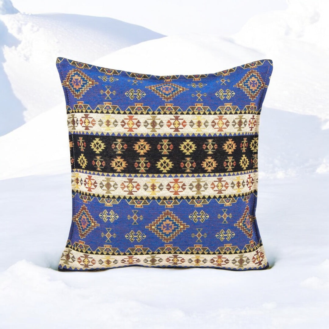 Fabric Pillow Cover, Geometric Design, Blue Accents