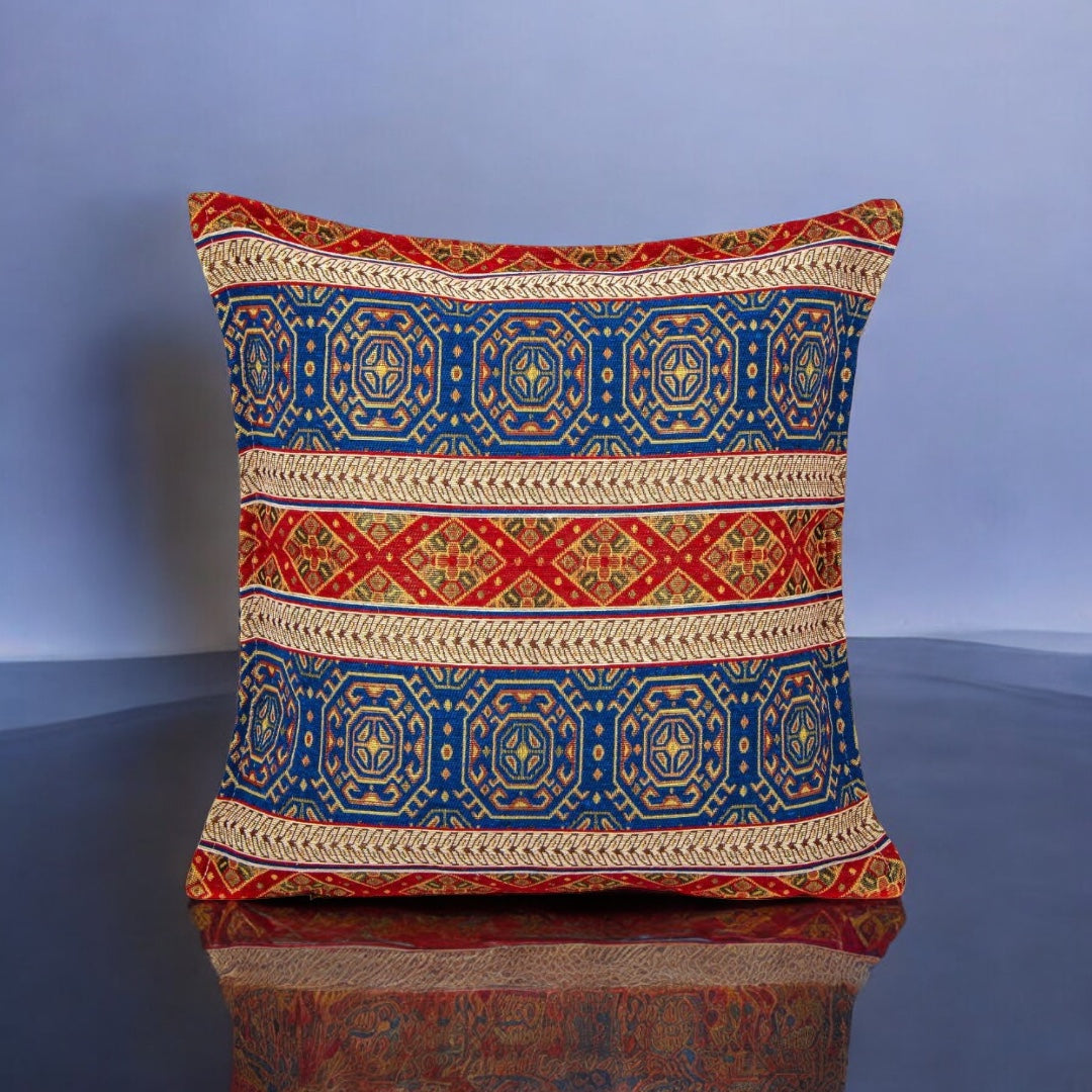 Fabric Pillow Cover, Geometric Design, Blue and Red Accents