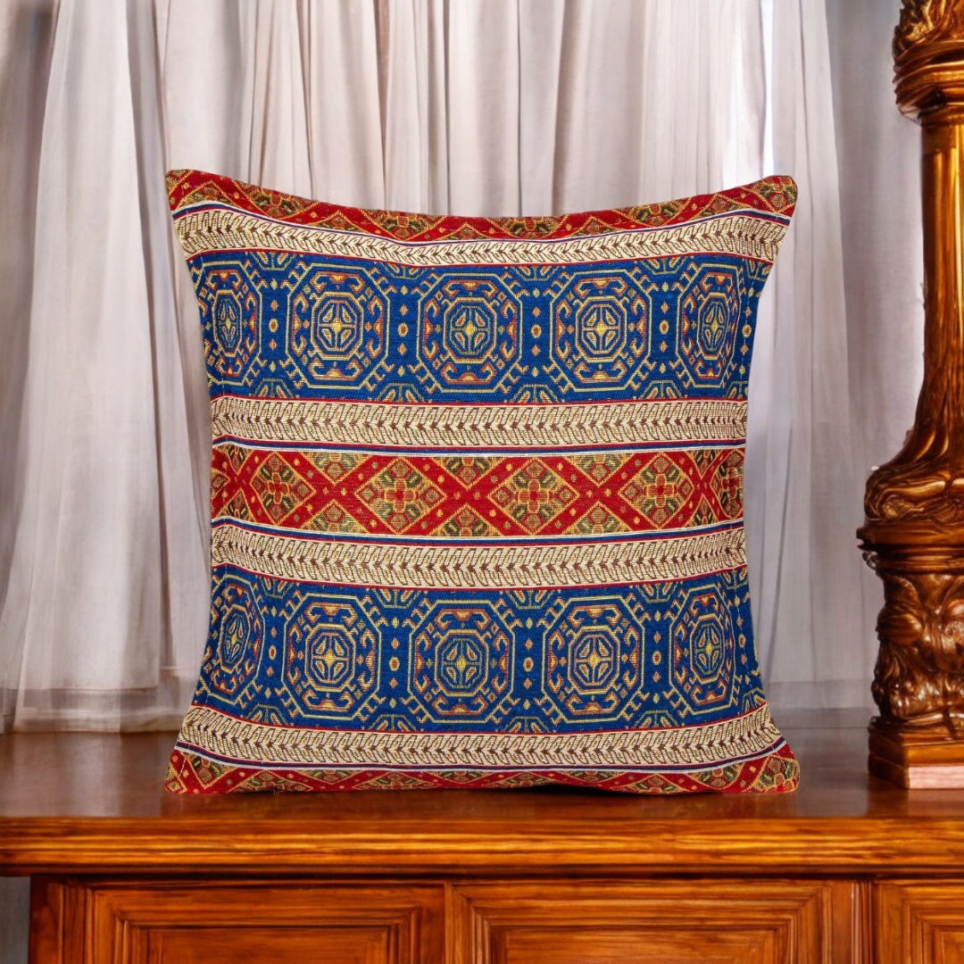 Fabric Pillow Cover, Geometric Design, Blue and Red Accents