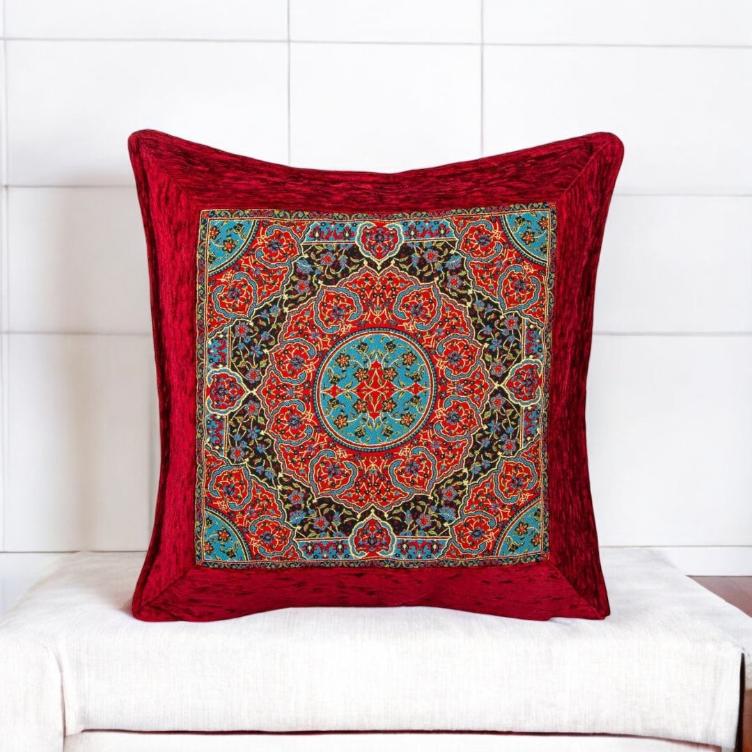 Red Velvet Pillow Cover, Floral Design, Decorative Pillow