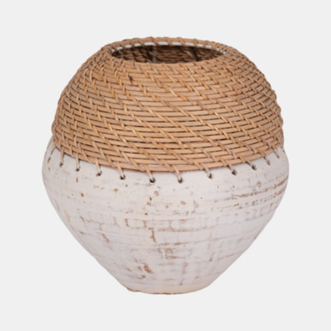 Clay, 9" Vase With Woven Top, White/natural