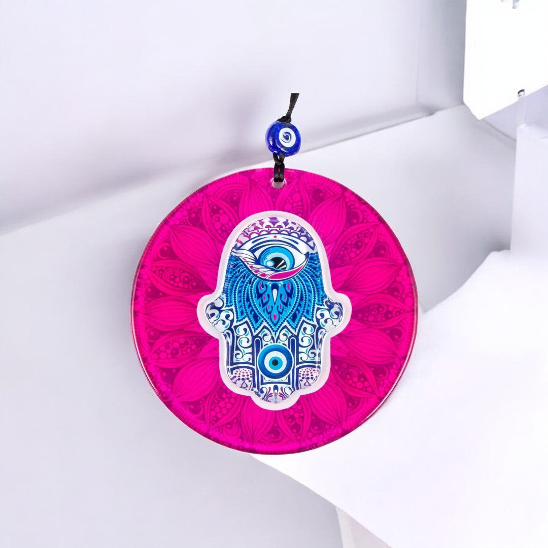 Hamsa Glass, Wall Hanging Eye Design, Vibrant Pink Round Glass - Protection Symbol, Cultural Decor, Unique Gift