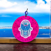 Hamsa Glass, Wall Hanging Eye Design, Vibrant Pink Round Glass - Protection Symbol, Cultural Decor, Unique Gift