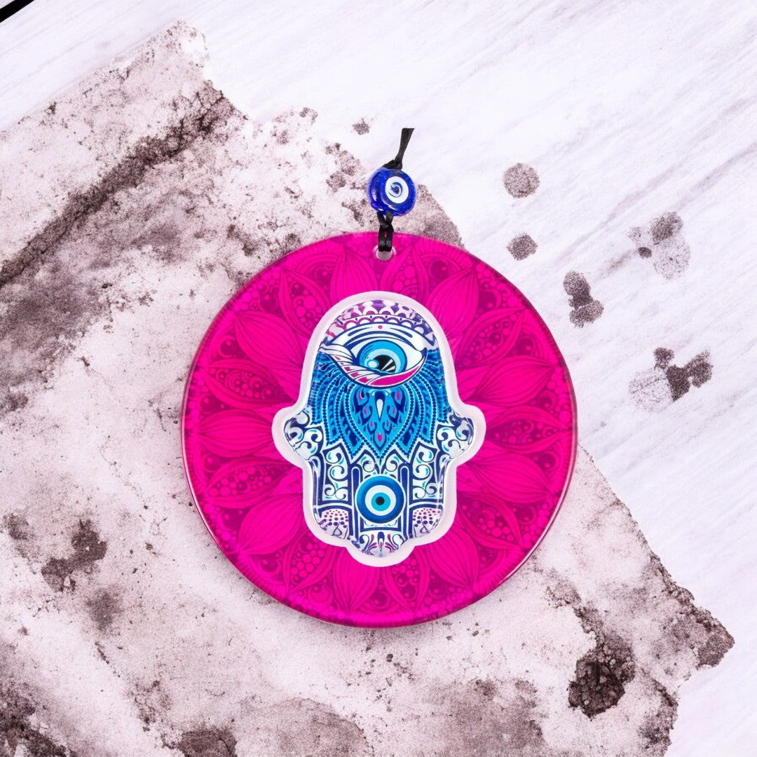 Hamsa Glass, Wall Hanging Eye Design, Vibrant Pink Round Glass - Protection Symbol, Cultural Decor, Unique Gift