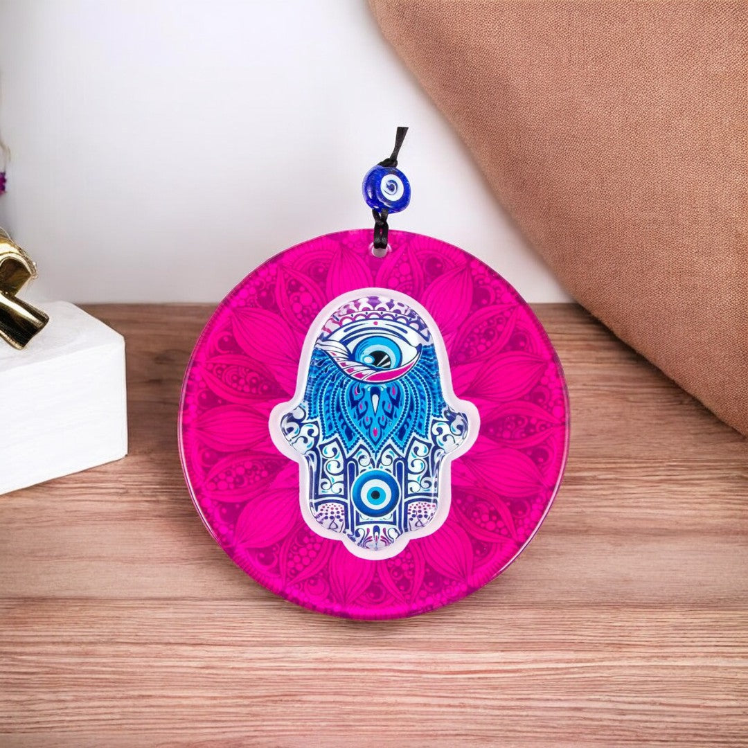 Hamsa Glass, Wall Hanging Eye Design, Vibrant Pink Round Glass - Protection Symbol, Cultural Decor, Unique Gift