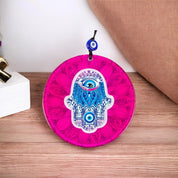 Hamsa Glass, Wall Hanging Eye Design, Vibrant Pink Round Glass - Protection Symbol, Cultural Decor, Unique Gift