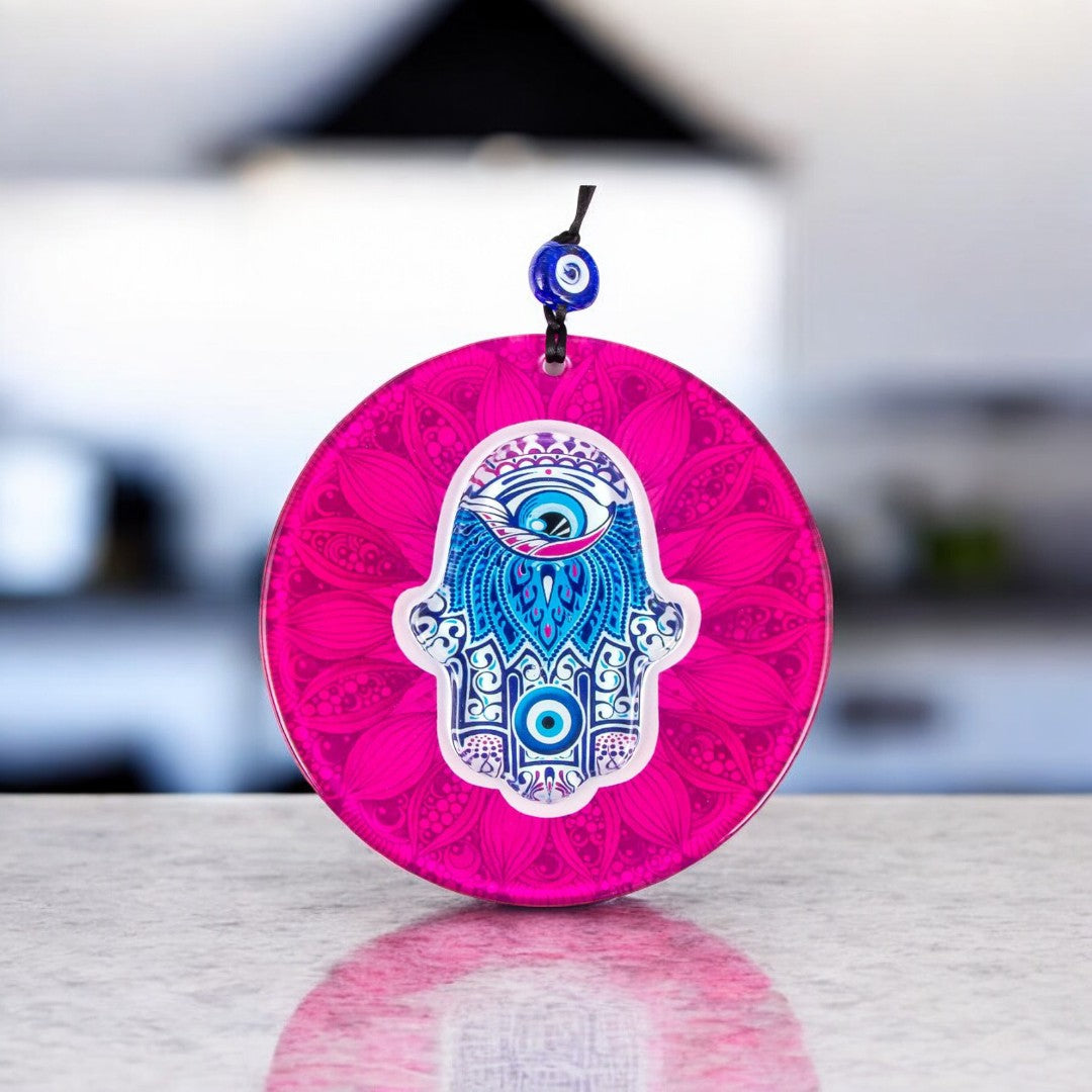 Hamsa Glass, Wall Hanging Eye Design, Vibrant Pink Round Glass - Protection Symbol, Cultural Decor, Unique Gift