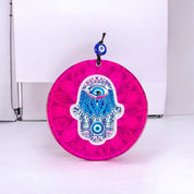 Hamsa Glass, Wall Hanging Eye Design, Vibrant Pink Round Glass - Protection Symbol, Cultural Decor, Unique Gift