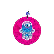 Hamsa Glass, Wall Hanging Eye Design, Vibrant Pink Round Glass - Protection Symbol, Cultural Decor, Unique Gift