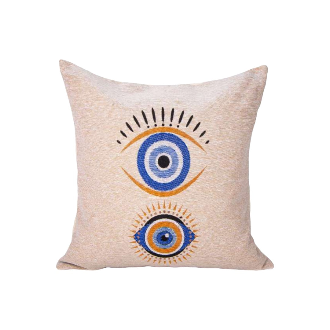 Double Protection Evil Eye Pillow Cover, Blue with Gold and Blue Accents