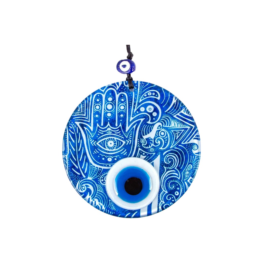 Glass Wall Hanging, Blue Hamsa Design, Evil Eye, Protection Symbol, Cultural Decor, Holiday Gift Housewarming Gift