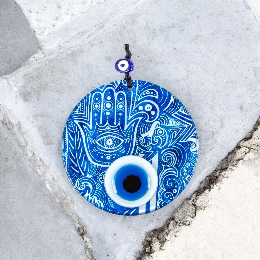 Glass Wall Hanging, Blue Hamsa Design, Evil Eye, Protection Symbol, Cultural Decor, Holiday Gift Housewarming Gift