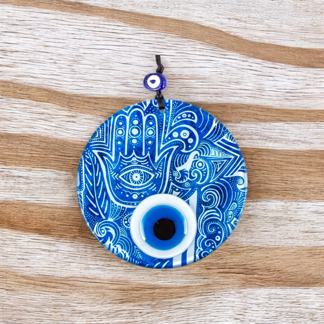 Glass Wall Hanging, Blue Hamsa Design, Evil Eye, Protection Symbol, Cultural Decor, Holiday Gift Housewarming Gift