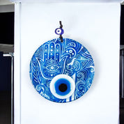 Glass Wall Hanging, Blue Hamsa Design, Evil Eye, Protection Symbol, Cultural Decor, Holiday Gift Housewarming Gift