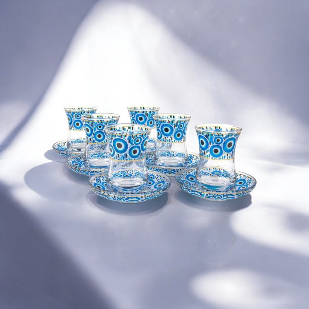 Protective Evil Eye Tea Glass Set – Elegant Cups and Saucers with Cultural Design