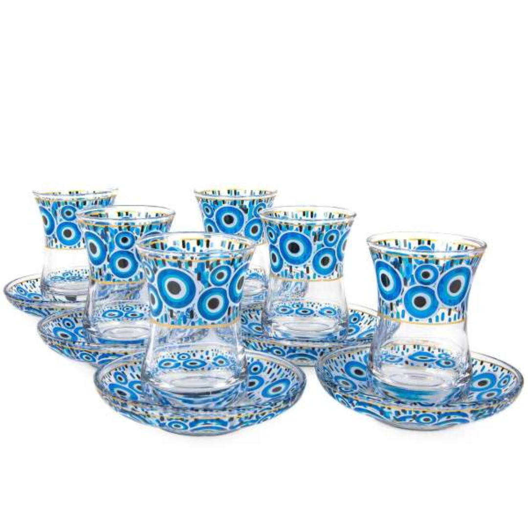 Protective Evil Eye Tea Glass Set – Elegant Cups and Saucers with Cultural Design