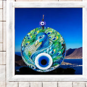 Peacock Pattern - Protection Symbol, Cultural Decor, Unique Gift, Multi-Colored Glass Wall Hanging, Eye Design on Round Glass