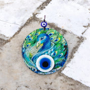 Peacock Pattern - Protection Symbol, Cultural Decor, Unique Gift, Multi-Colored Glass Wall Hanging, Eye Design on Round Glass