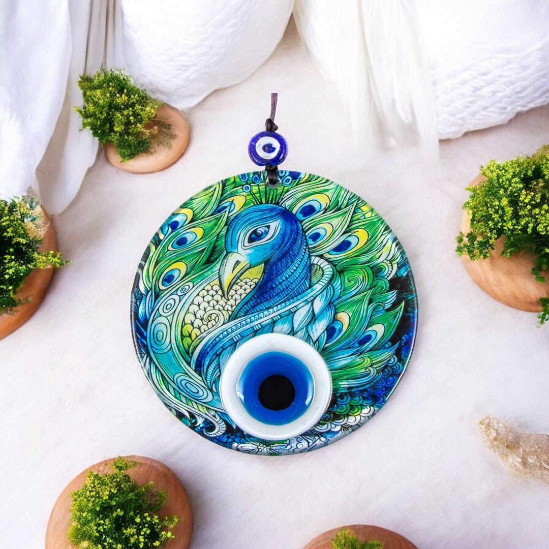 Peacock Pattern - Protection Symbol, Cultural Decor, Unique Gift, Multi-Colored Glass Wall Hanging, Eye Design on Round Glass