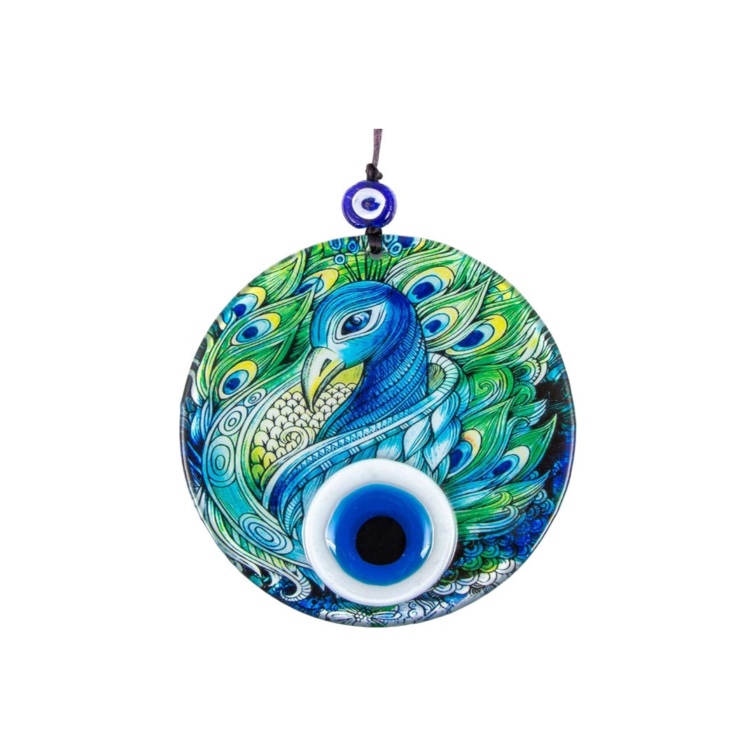 Peacock Pattern - Protection Symbol, Cultural Decor, Unique Gift, Multi-Colored Glass Wall Hanging, Eye Design on Round Glass