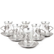 Silver Heartfelt Turkish Tea Set – Elegant Glass and Metal Design with Heart Patterns