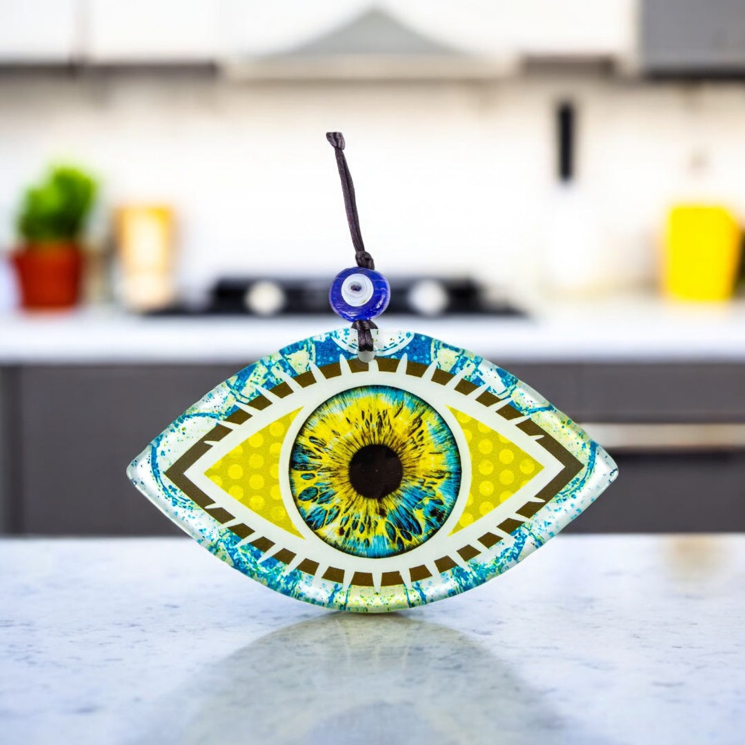 Turkish Evil Eye, Wall Art, Rich Gold, Multi-Color Fused Glass with Realistic Eye Design