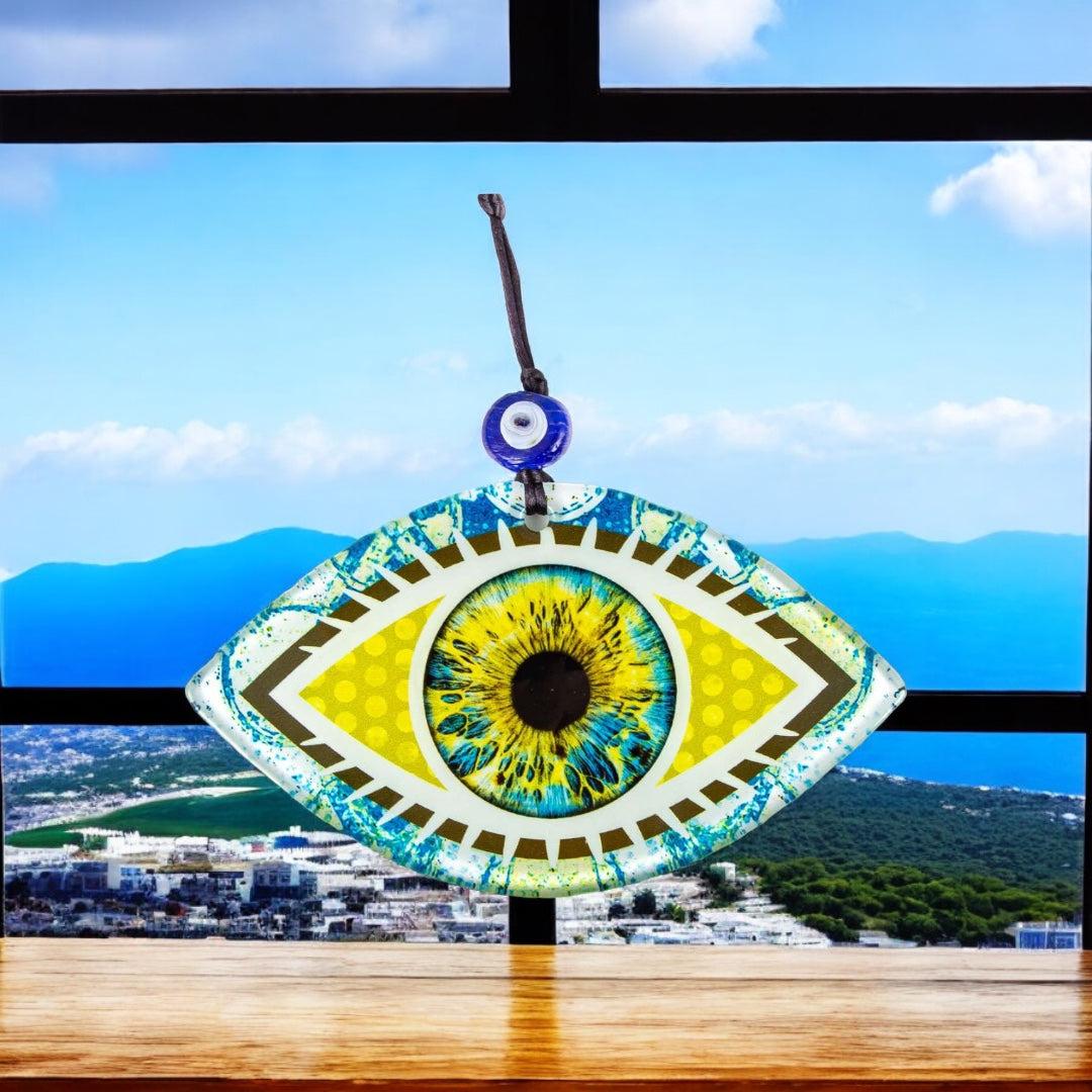 Turkish Evil Eye, Wall Art, Rich Gold, Multi-Color Fused Glass with Realistic Eye Design