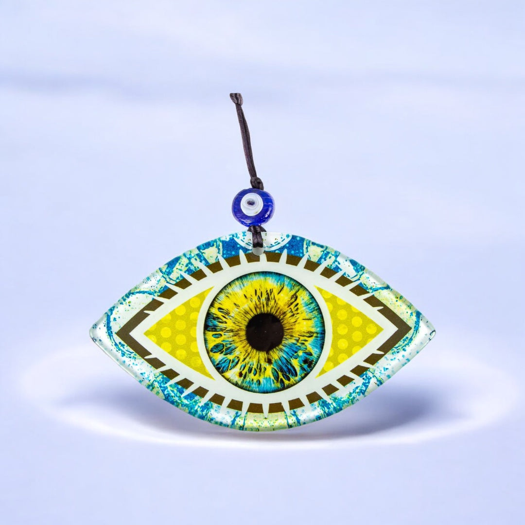 Turkish Evil Eye, Wall Art, Rich Gold, Multi-Color Fused Glass with Realistic Eye Design