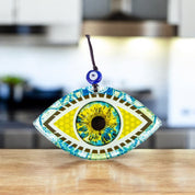 Turkish Evil Eye, Wall Art, Rich Gold, Multi-Color Fused Glass with Realistic Eye Design