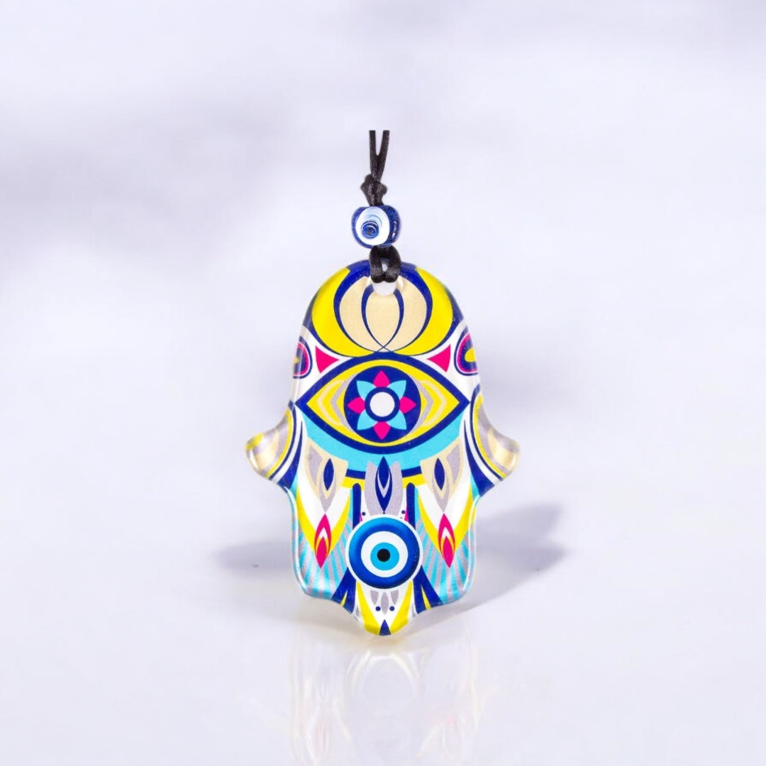 Hamsa, Wall Hanging Glass Ornament, Yellow Accent, Protective Evil Eye