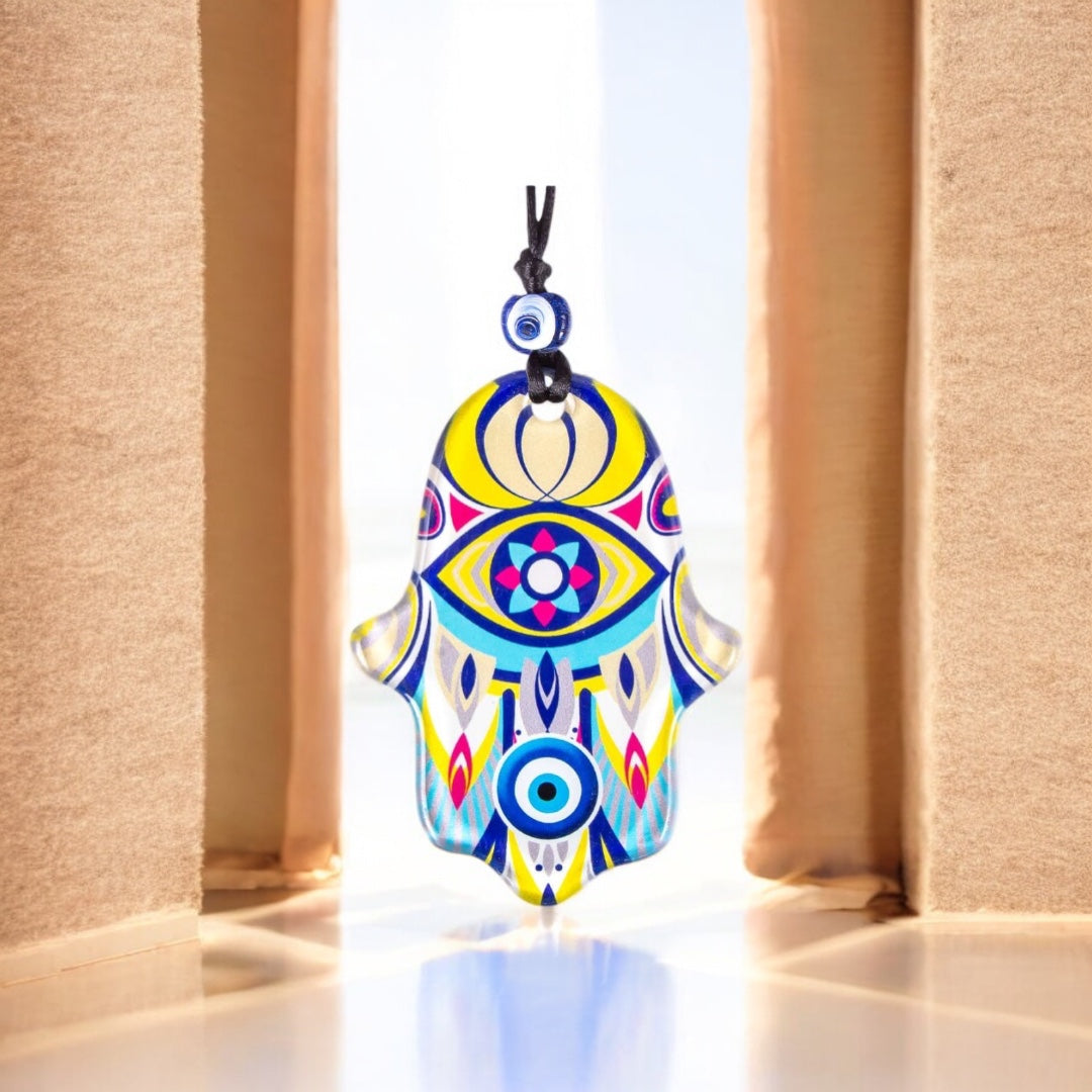 Hamsa, Wall Hanging Glass Ornament, Yellow Accent, Protective Evil Eye