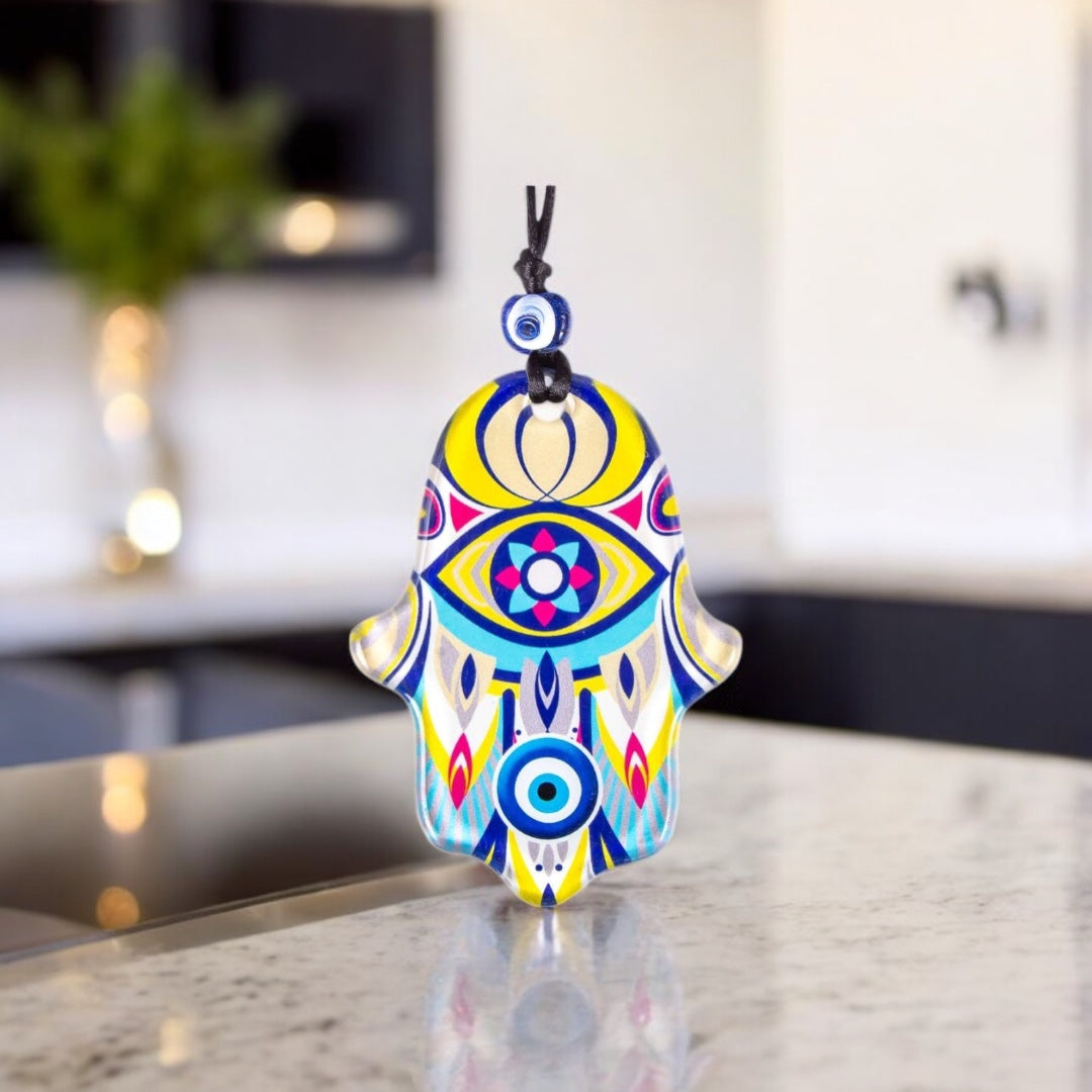 Hamsa, Wall Hanging Glass Ornament, Yellow Accent, Protective Evil Eye