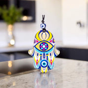 Hamsa, Wall Hanging Glass Ornament, Yellow Accent, Protective Evil Eye