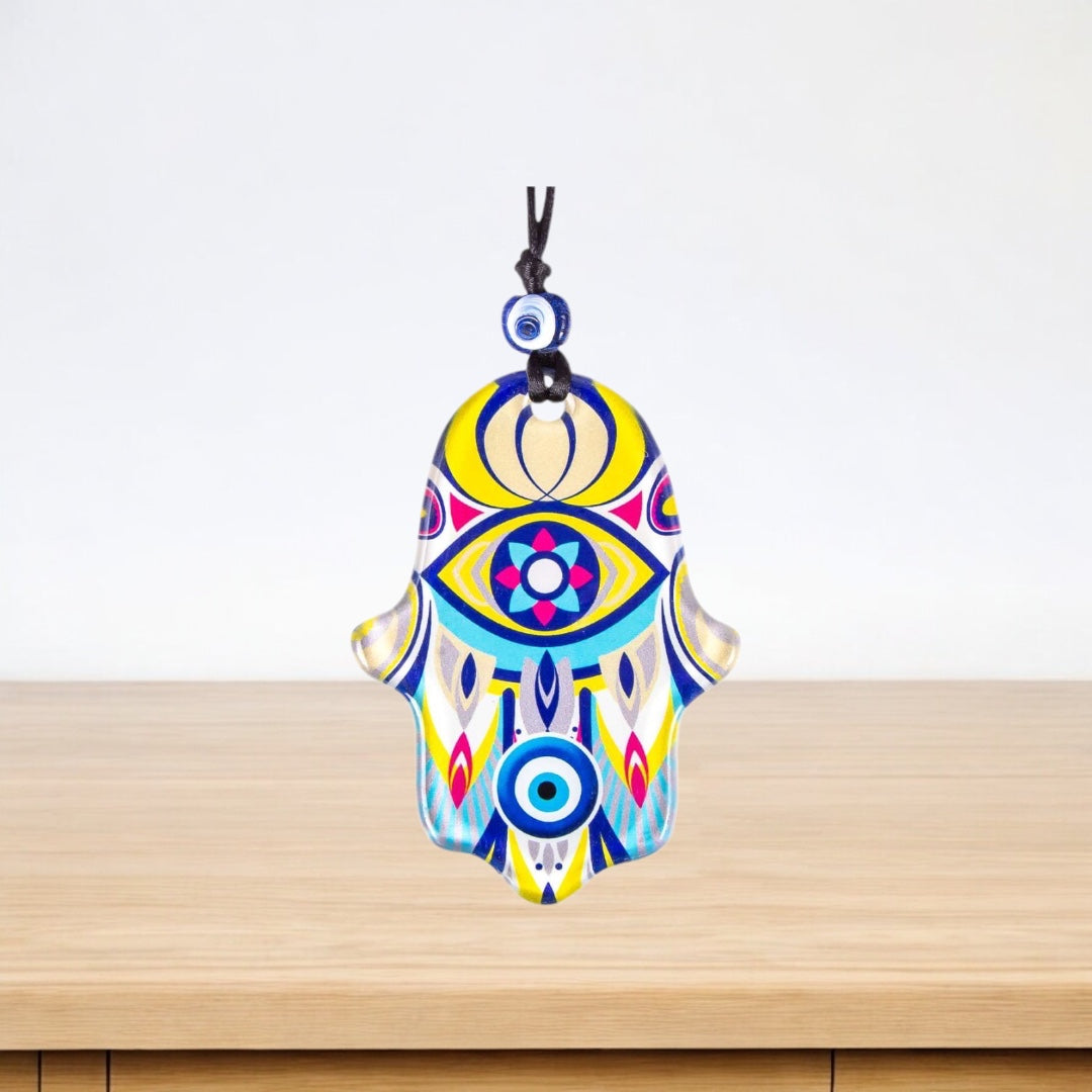 Hamsa, Wall Hanging Glass Ornament, Yellow Accent, Protective Evil Eye