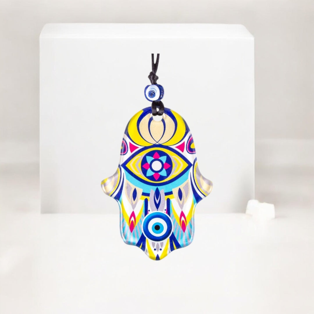 Hamsa, Wall Hanging Glass Ornament, Yellow Accent, Protective Evil Eye