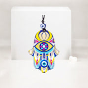 Hamsa, Wall Hanging Glass Ornament, Yellow Accent, Protective Evil Eye