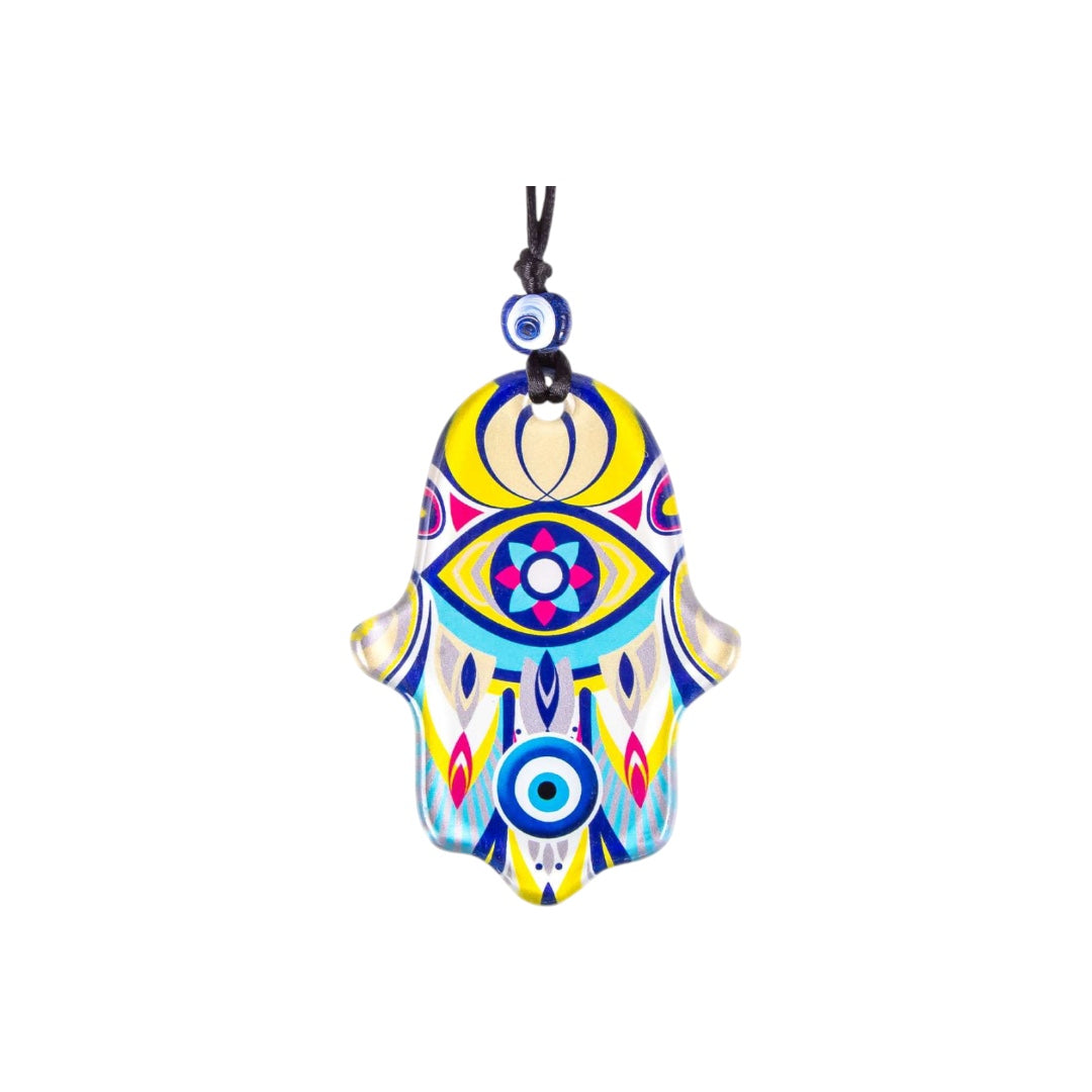 Hamsa, Wall Hanging Glass Ornament, Yellow Accent, Protective Evil Eye